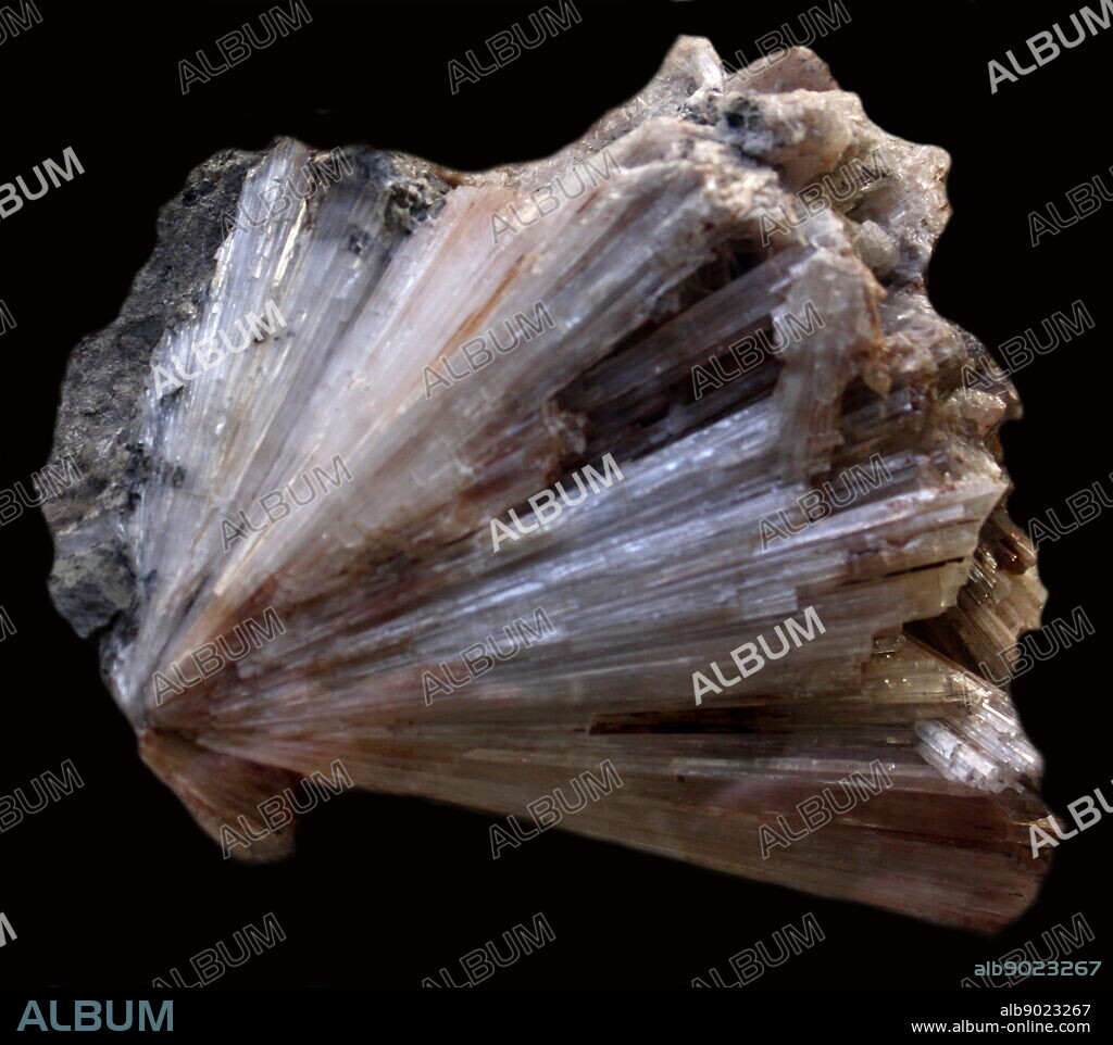 Thomsonite crystals. A tecto-silicate mineral series from the zeolite group. Each grouped crystal is long and blade-like, with the effect of radiating prisms.