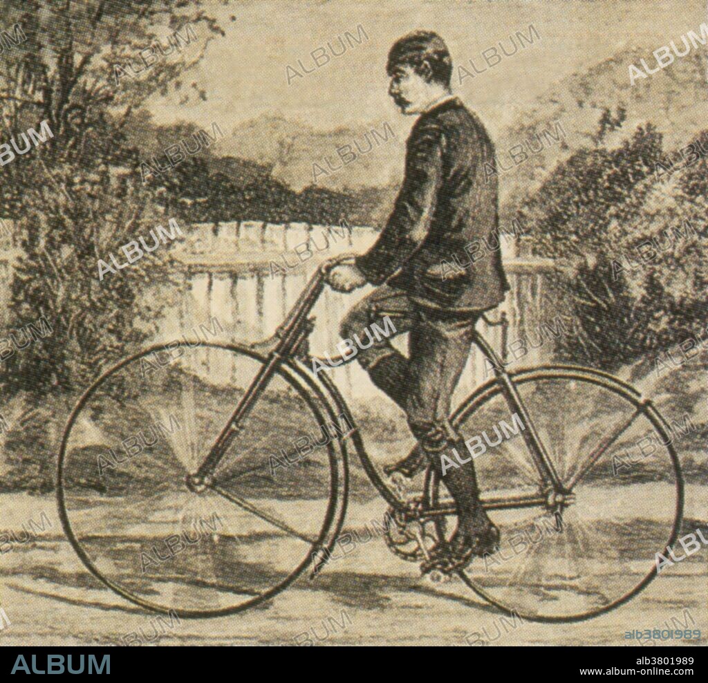 Period illustration of a man riding a Rover Safety Bicycle. This bicycle, which made its debut in 1885, is generally considered the first recognizably modern bicycle.