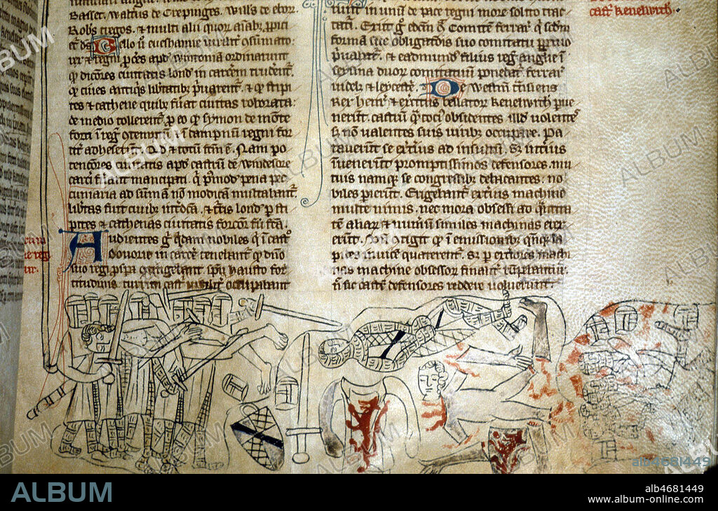 Mort de Simon de Montfort en juillet 1218 sous les murs de Toulouse, il est a la tete de la croisade commanditee par Philippe II Auguste contre les Albigeois. en Du manuscrit au musée Britanique. Enluminure dans manuscrit medieval . Credit MUSEUM IMAGES/KHARBINE TAPABOR - 20040901_0601.