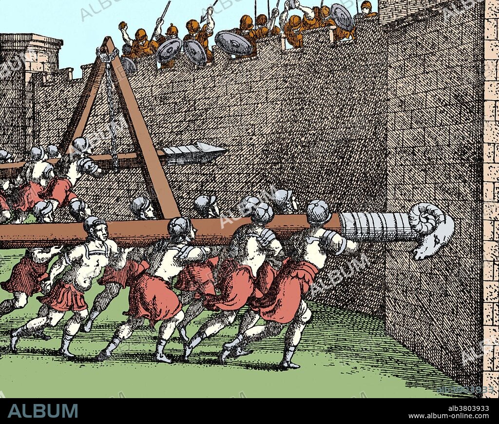 Colored illustration of The Battering Ram in Ancient Roman Warfare. This is the earliest, simplest, most effective device for destroying stone walls and the ordinary defenses of fortified towns. The primitive ram was a huge beam of seasoned and tough wood, hoisted on the shoulders of men. Running with it at full speed against a wall, gate, or palisade, they did what damage they could with one charge after another. Ancient armies used two different kinds of battering ram, one type was suspended and swinging, like a pendulum, and the other moved on rollers. Battering rams had an important effect on the evolution of defensive walls, which were constructed ever more ingeniously in a bid to nullify the effects of siege engines. Historical instances of the usage of battering rams in sieges of major cities include: destruction of Jerusalem by the Romans, the Crusades, the fall of Rome and the siege of Constantinople.