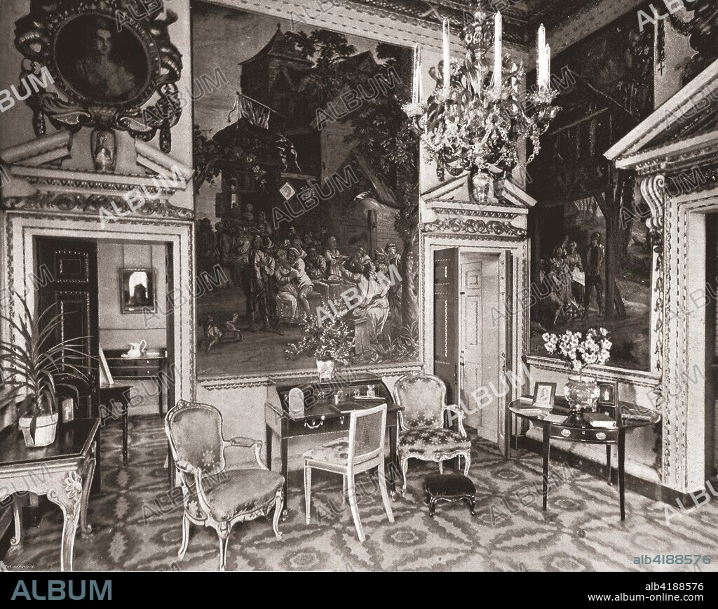 The Tapestry Room, Chiswick House, London, 1894. Bedchamber with Brussels tapestries depicting rustic scenes. Chiswick House is a Palladian villa which was built in 1725-1729 for the Earl of Burlington (1694-1753). He used it to display his art collection and to entertain. From Beautiful Britain; views of our stately homes. [The Werner Company of Chicago, 1894].