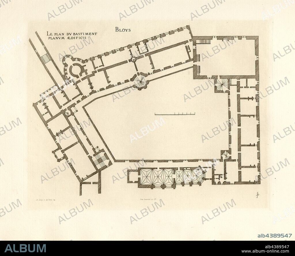 Blois. The plan of the bastion, Floor plan of the Château de Blois in France, Signed: FD; Imp. Lemercier et Cie, A. Lévy (ed.), Fig. 2, Cerceau, Jacques Androuet du (del.); Faure-Dujarric, Pierre-Lucien (sc.); Lemercier (imp.); Levy, A. (ed.), 1868, Jacques Androuet du Cerceau; Hippolyte A. Destailleur: Les plus excellents bastiments de France. Paris: A. Lévy, Libraire-Editeur, M DCCC LXVIII - M DCCC LXX. [1868-1870].
