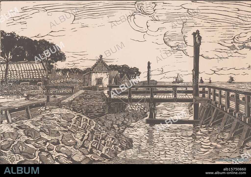 View of jetty and houses in the harbor of Enkhuizen, print, print maker: George Marinus Tamson, (mentioned on object), 1912, paper, height, 360 mm × width, 460 mm.
