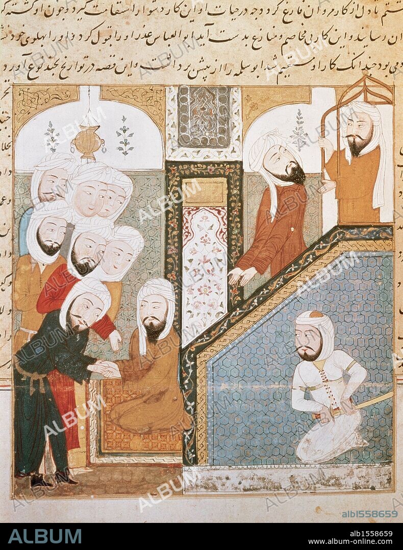 ABU-L'-ABBAS al SAFFAH (m. al-Anbar,754). Primer califa Abasí (750-754). Descendiente de 'Abbas, tio de Mahoma. Se dio el apodo de al-Saffa ("el Sanguinario"), al dedicar parte de su reinado a exterminar a la familia omeya. Miniatura islámica donde se representa al "PUEBLO JURANDO FIDELIDAD AL PRIMER CALIFA ABBASI AL-SAFFAH, EN LA MEZQUITA DE AL-KUFA". Biblioteca Nacional. París. Francia.