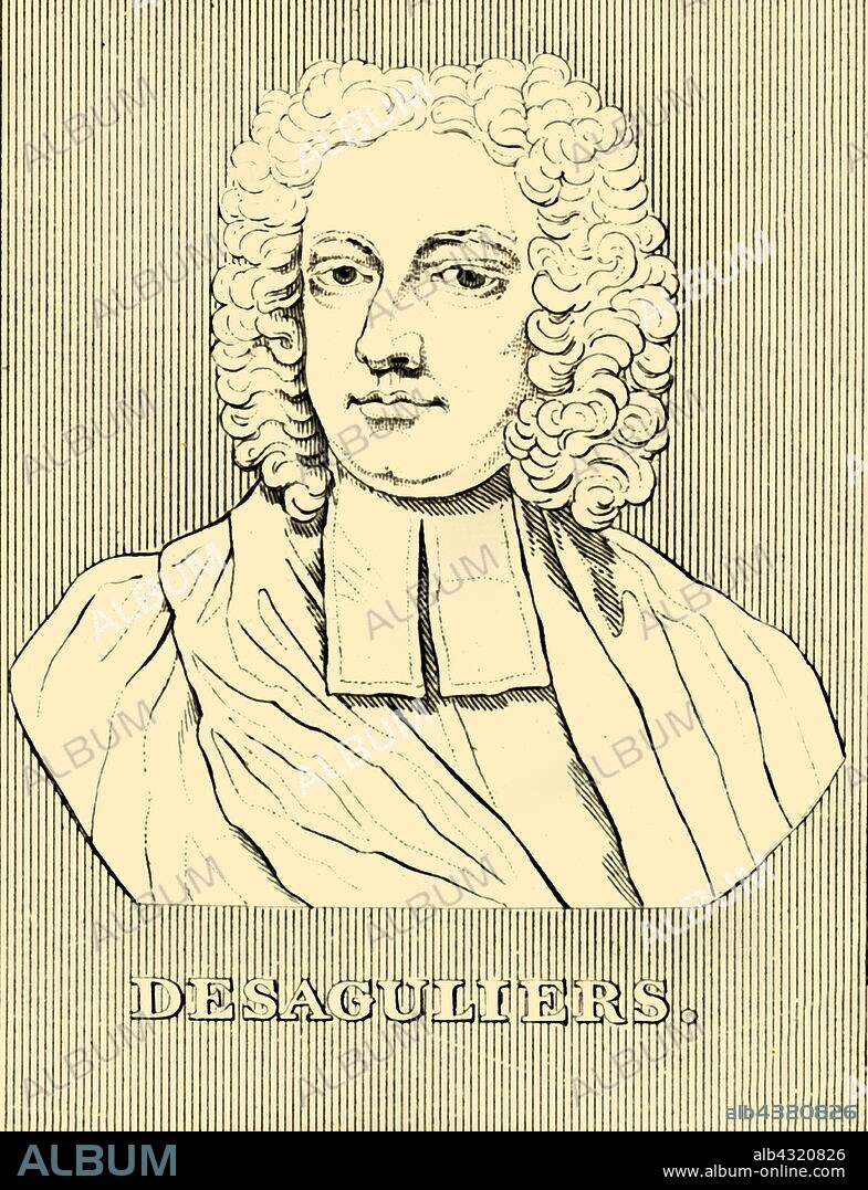 'Desaguliers', (1683-1744), 1830. John Theophilus Desaguliers (1683-1744)  British natural philosopher, clergyman, engineer and freemason who was elected to the Royal Society in 1714 as experimental assistant to Isaac Newton. From "Biographical Illustrations", by Alfred Howard. [Thomas Tegg, R. Griffin and Co., J. Cumming, London, Glasgow and Dublin, 1830].