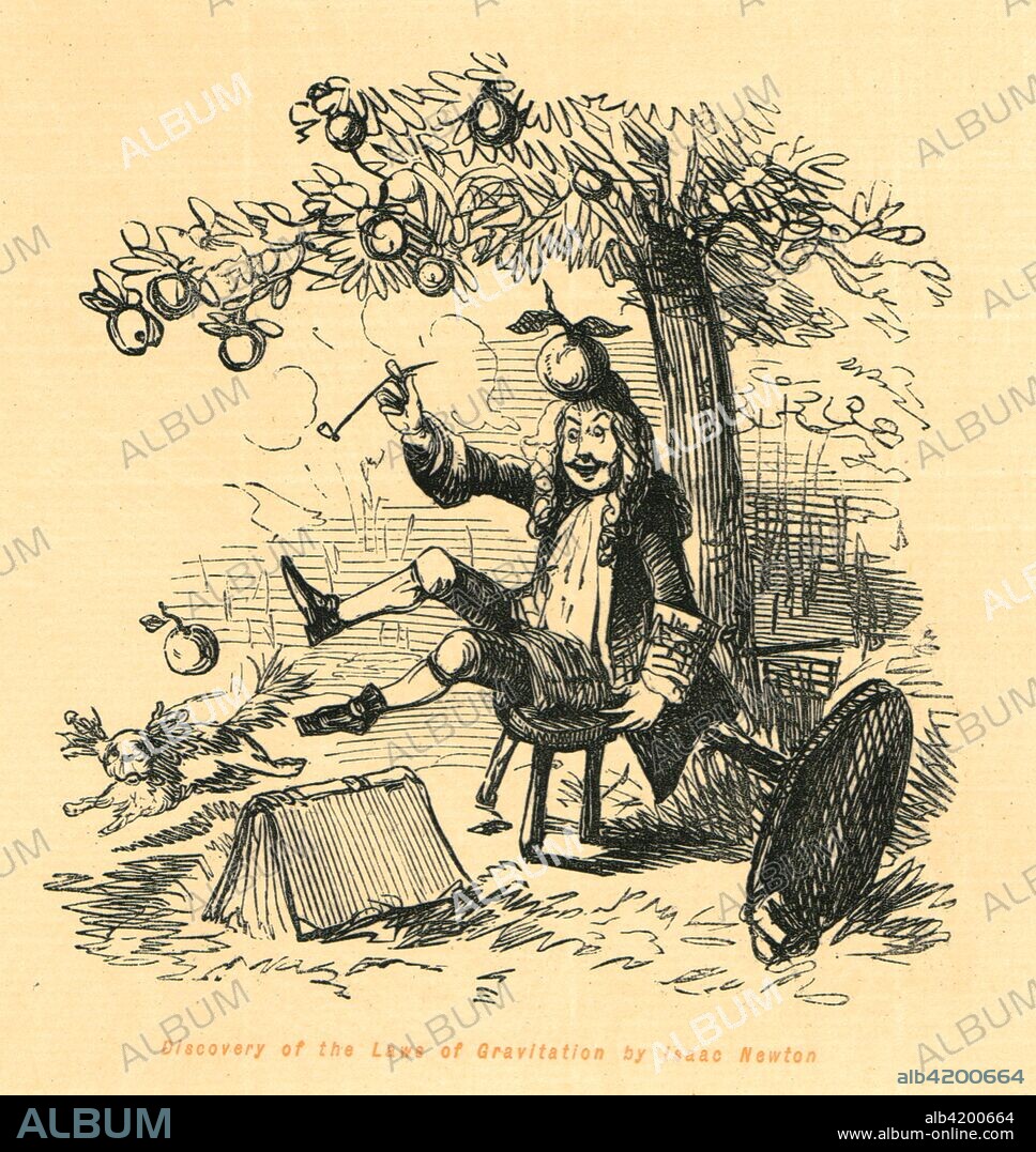 'Discovery of the Laws of Gravitation by Isaac Newton', 1897. English scientist Isaac Newton (1642-1727) discovered gravity when he watched an apple fall, although it didn't actually hit him on the head. From "The Comic History of England" by Gilbert Abbott A Beckett, with satirical illustrations by John Leech. [Bradbury, Agnew & Co, London, 1897].