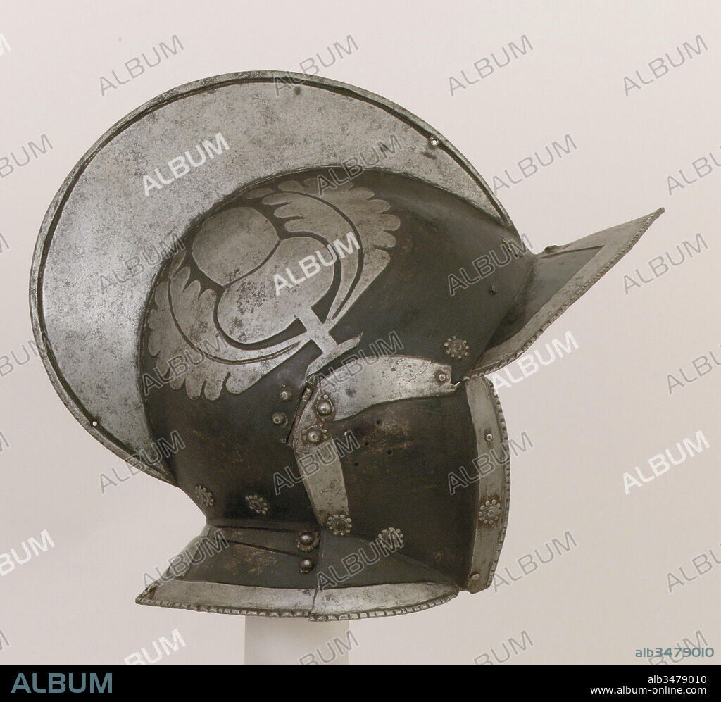 Burgonet for the Guard of the Counts Khevenhüller zu Aichelberg, ca. 1580, German, Steel, lead, paint, leather, H. 12 1/2 in. (31.8 cm); W. 9 in. (22.9 cm); D. 14 1/2 in. (36.8 cm); Wt. 4 lb. 13 oz. (2178 g), Helmets.