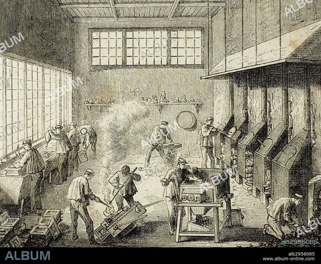 FABRICA Y FUNDICION DE METALES DON LEONCIO MENESES, denominada "PLATA MENESES". Obreros trabajando en la sala de fundición. Grabado de "La Ilustración Española y Americana". Autor: Urrabieta. Año 1872.