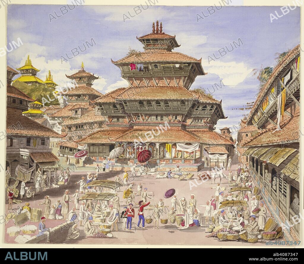 HENRY AMBROSE OLDFIELD. 'The Dhunsar in the city of Kathmandoo. March 1857'. 'The Dhunsar in the city of Kathmandoo. March 1857'. 1857. Water-colour; 33 by 40.8 cm. Source: WD 3278.