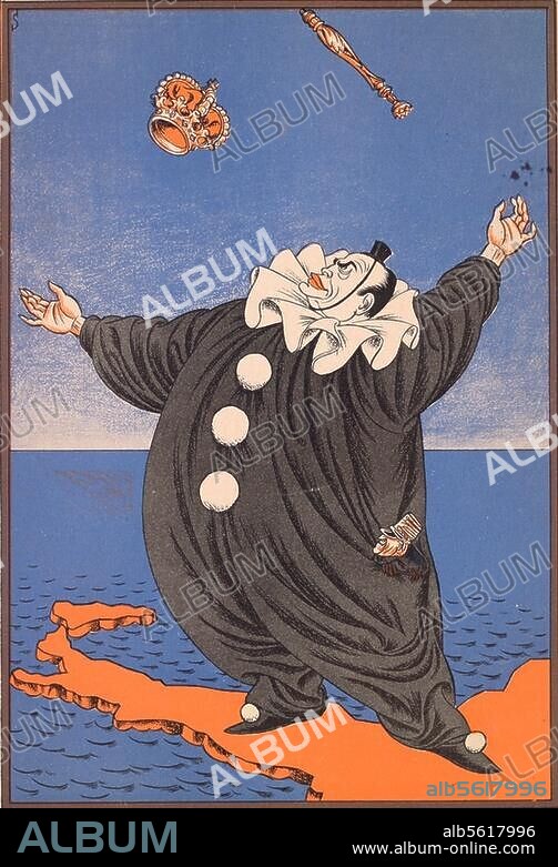ERICH SCHILLING. Mussolini, Benito; ital. Politiker, Führer (Duce) des Faschismus; 1883-1945. "Il Duce". Karikatur. Farbdruck nach Zeichnung von E.Schilling aus: Simplicissimus, 1926.