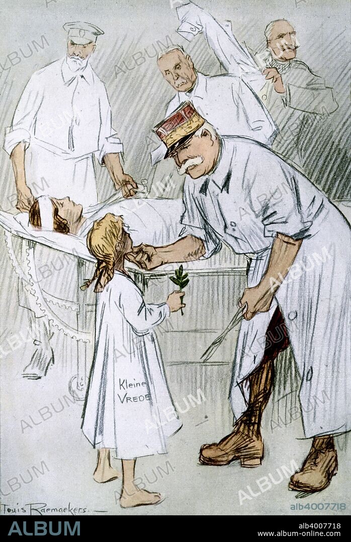 'Peace and Intervention: German Militarism on the Allies Operating Table', 1916. Plate 94 from from The Great War: A Neutral's Indictment by Louis Raemaekers. The Dutch graphic artist Louis Raemaekers (1869-1956) produced fiercely anti-German cartoons during the First World War. The Germans offered a substantial reward for him, dead or alive, and the Dutch government, under pressure from Germany, placed Raemaekers on trial on a charge of endangering Dutch neutrality. He was acquitted, but fled to England because of the bounty on his head.