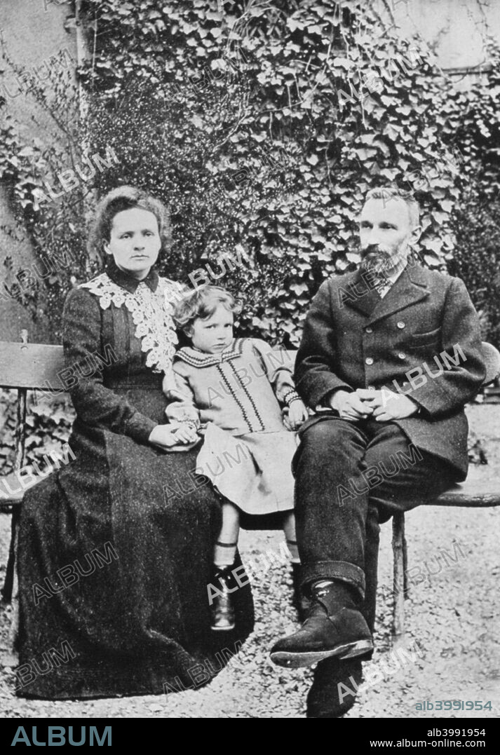 Pierre and Marie Curie, French scientists, with their daughter Irene, 1904. Polish-born Marie Curie (1867-1934) and her husband Pierre (1859-1906) continued the work on radioactivity started by Henri Becquerel. In 1898, they discovered two new elements, polonium and radium. Marie did most of the work of producing these elements, and to this day her notebooks are still too radioactive to use. She went on to become the first woman to be awarded a doctorate in France, and continued her work after Pierre's death in 1906. In 1903 they shared the Nobel Prize for Physics with Becquerel. Irene also became a scientist, winning the Nobel Prize for Chemistry in 1935 for the discovery of artificial radioactivity.
