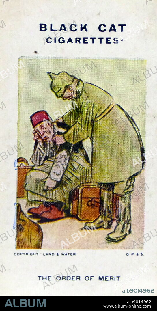 Black Cat Cigarettes, World war One, propaganda card showing: The German Kaiser Wilhelm II comforting the Turkish Sultan, Mehmed V Re?âd (1844 3 July 1918) was the 35th and penultimate Ottoman Sultan.