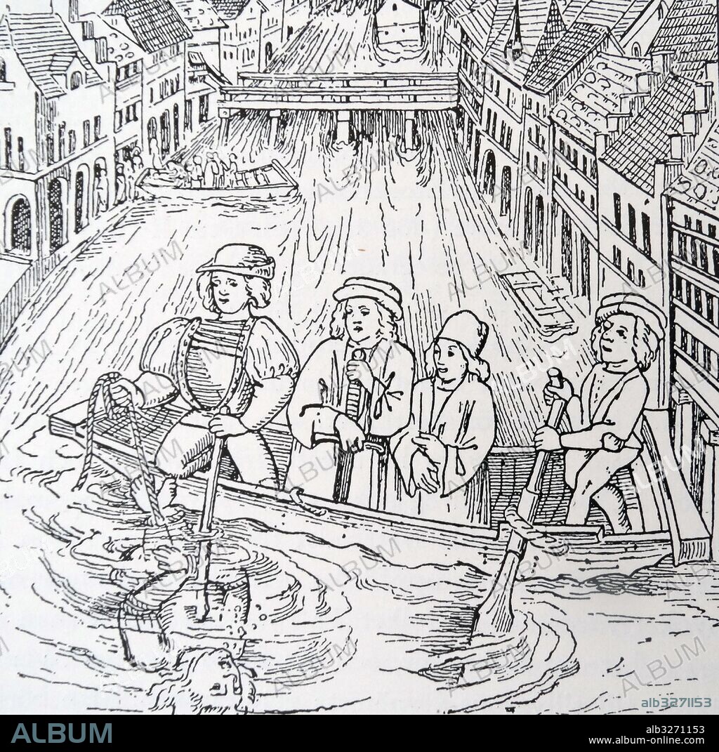 Woodblock print depicting drowning as a form of punishment during 15th Century Switzerland. Dated 15th Century.