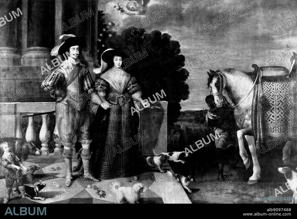 King Charles I of England (1600-1649) hand in hand with his Queen, Henrietta Maria, departing for the chase. c.1630-32.