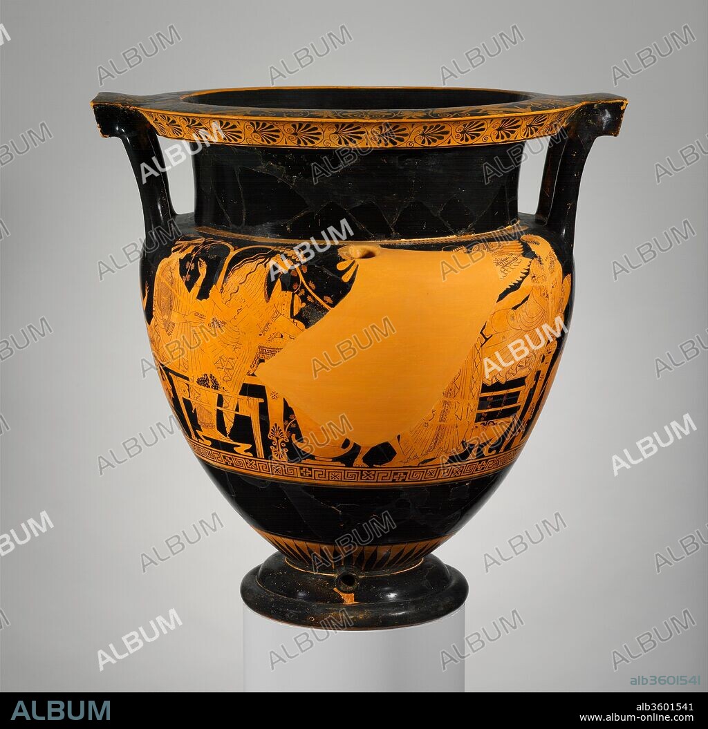 Terracotta psykter-column-krater (vase for chilling and mixing wine and water). Culture: Greek, Attic. Dimensions: Other: 20 13/16 x 8 1/4 in. (52.8 x 21 cm). Date: ca. 480-470 B.C..
Obverse, Herakles and Dionysos in Olympos
Reverse, Dionysos with Olympian deities
This vase is the only known preserved example of a combination psykter and column-krater. The psykter emerged at the end of the sixth century B.C. and had a short and rare existence. Its distinctive shape allowed it to contain wine and remain upright in a krater filled with cold water or snow. In the present piece, the krater has a double wall; openings at the top and bottom of the body allowed cold water to be poured in and to flow out.
The figural scenes show Dionysos, god of wine, and Herakles, the hero and protégé of Athena, on Mount Olympos, the home of the gods. The obverse depicts Dionysos with Ariadne and Herakles with Nike. On the reverse, Hera, Zeus, Athena, and Leto approach the seated Dionysos. Most of the names on the vase are inscribed.