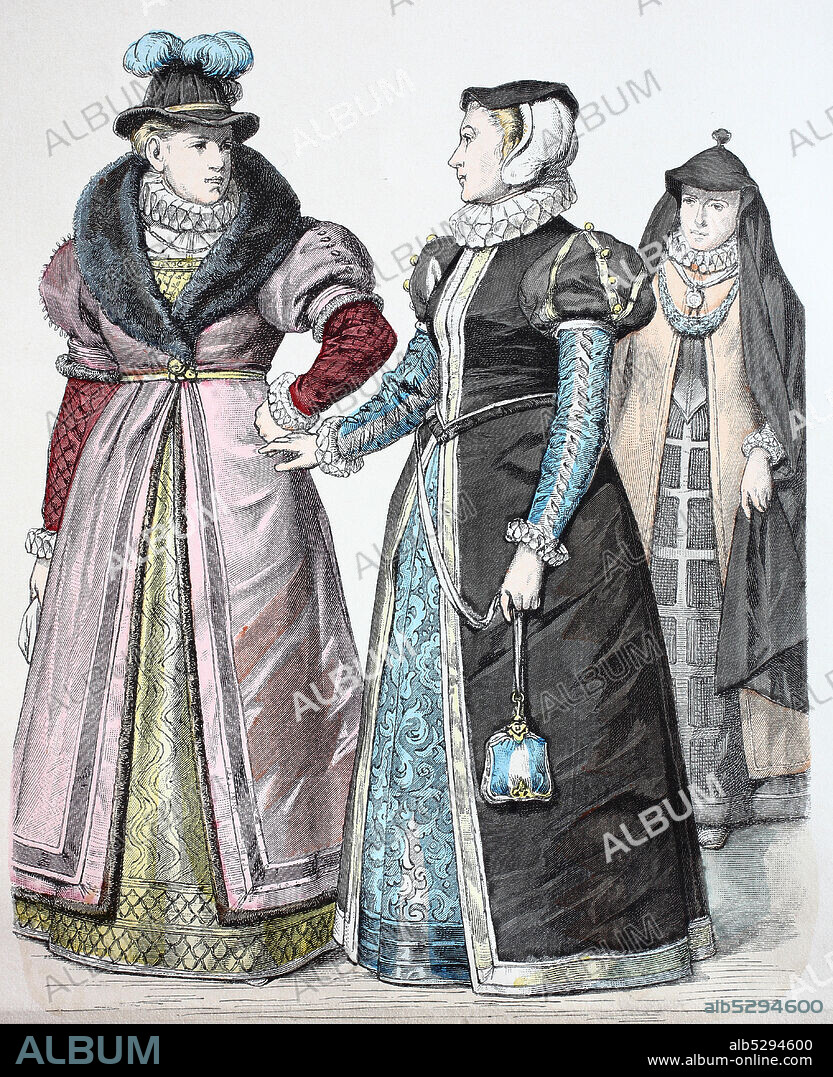 National costume, clothes, history of the costumes, distinguished women from London, in 1590, national costumes from England, 16th century, Volkstracht, Kleidung, Geschichte der Kostüme, Vornehme Frauen aus London, 1590, Trachten aus England, 16. Jahrhundert.