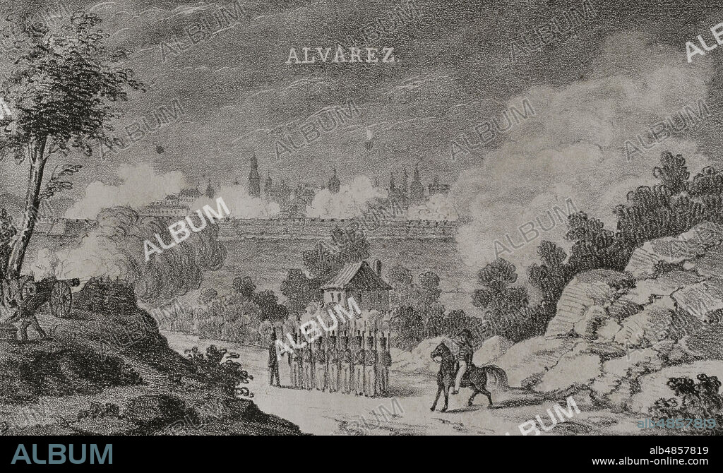 Guerra de la Independencia Española (1808-1814). Por la situación estratégica de la ciudad de Gerona para los franceses, ésta fué objeto de tres asedios durante la contienda. El primer asedio lo llevaron a cabo tropas mandadas por el general Duhesme, el 20 de junio de 1808. El ataque fracasó. El segundo sitio acaeció entre el 20 de lulio y el 20 de agosto de 1808, cuando las tropas de Duhesme tuvieron que retirarse atacadas por un ejército español llegado al socorro de la ciudad y por una columna de los sitiados, que realizaron una salida. El tercero se inició en junio de 1809, fecha en la que el general Saint-Cyr rodeó la ciudad con un ejército de 18.000 hombres. El mariscal de campo Alvarez de Castro estaba al mando de la ciudad sitiada, decidiendo resistir hasta el final. Este último sitio se prolongó durante siete meses, hasta el 10 de diciembre de 1809, fecha en la que la ciudad capituló, entrando las tropas francesas del general Augereau al día siguiente. Bombardeo de Gerona. Ilustración por F. Pérez. Historia del Levantamiento, Guerra y Revolución de España, por el Conde de Toreno, Madrid,1852.