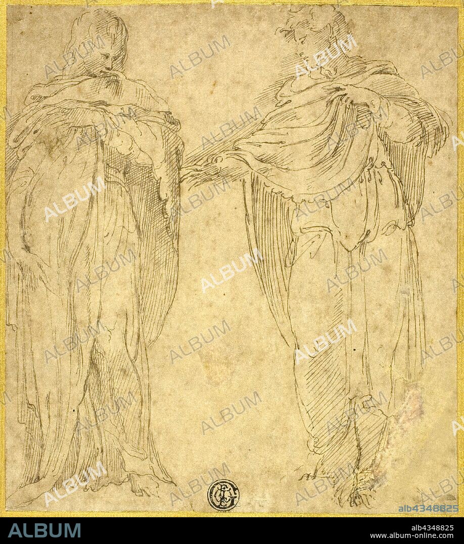 Two Standing Draped Figures (Saint John and the Magdalene?), 1540/60, Attributed to Battista Franco, called Il Semolei (Italian, c. 1510-1561), or after Parmigianino (Italian, 1503-1540), Italy, Pen and brown ink on brown laid paper, laid down on cream laid card, 163 x 145 mm.