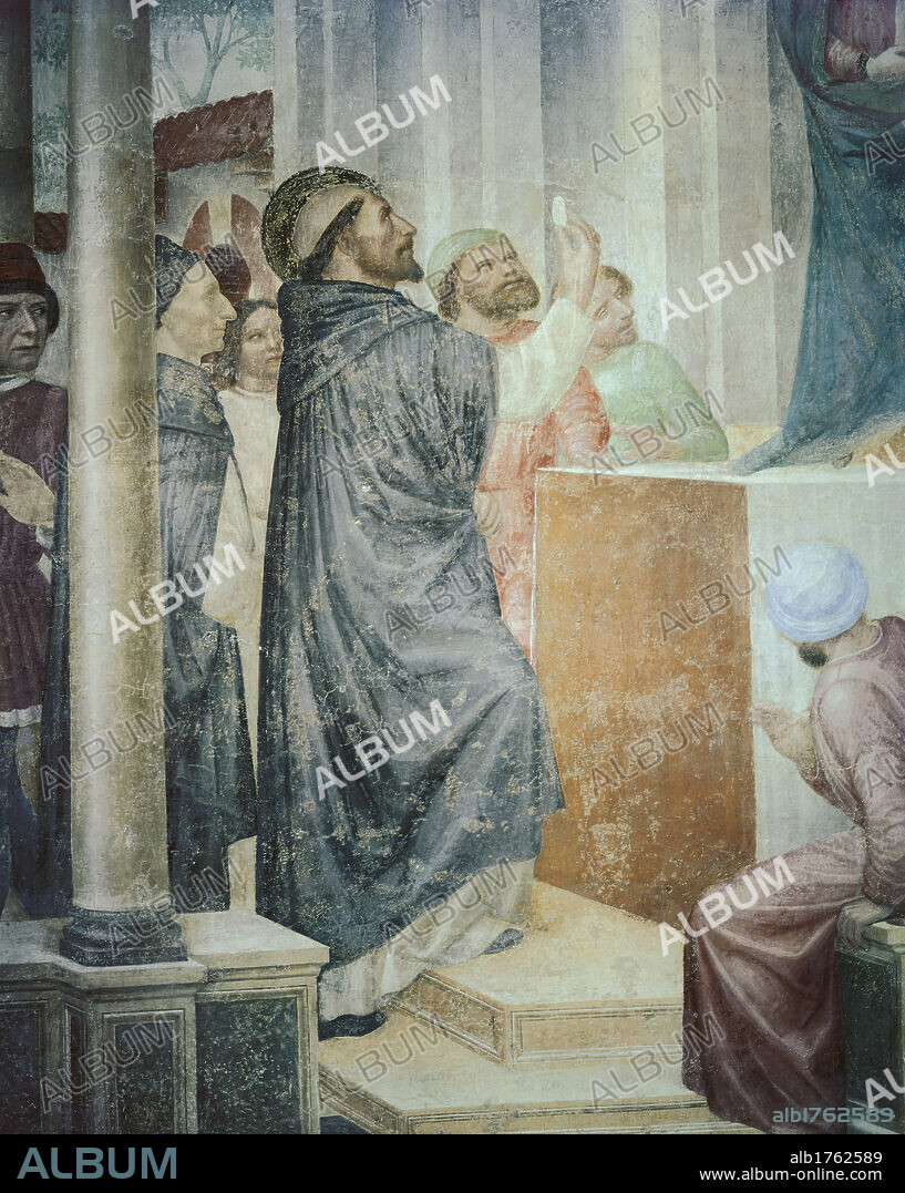 Stories of St Peter Martyr St Peter unveils the false Madonna, by Vincenzo Foppa, 1461-1468, 15th Century, fresco,. Italy, Lombardy, Milan, SantEustorgio Basilica, Portinari Chapel. Detail. St Peter Martyr halo onlookers host steps column yellow white black purple blue.