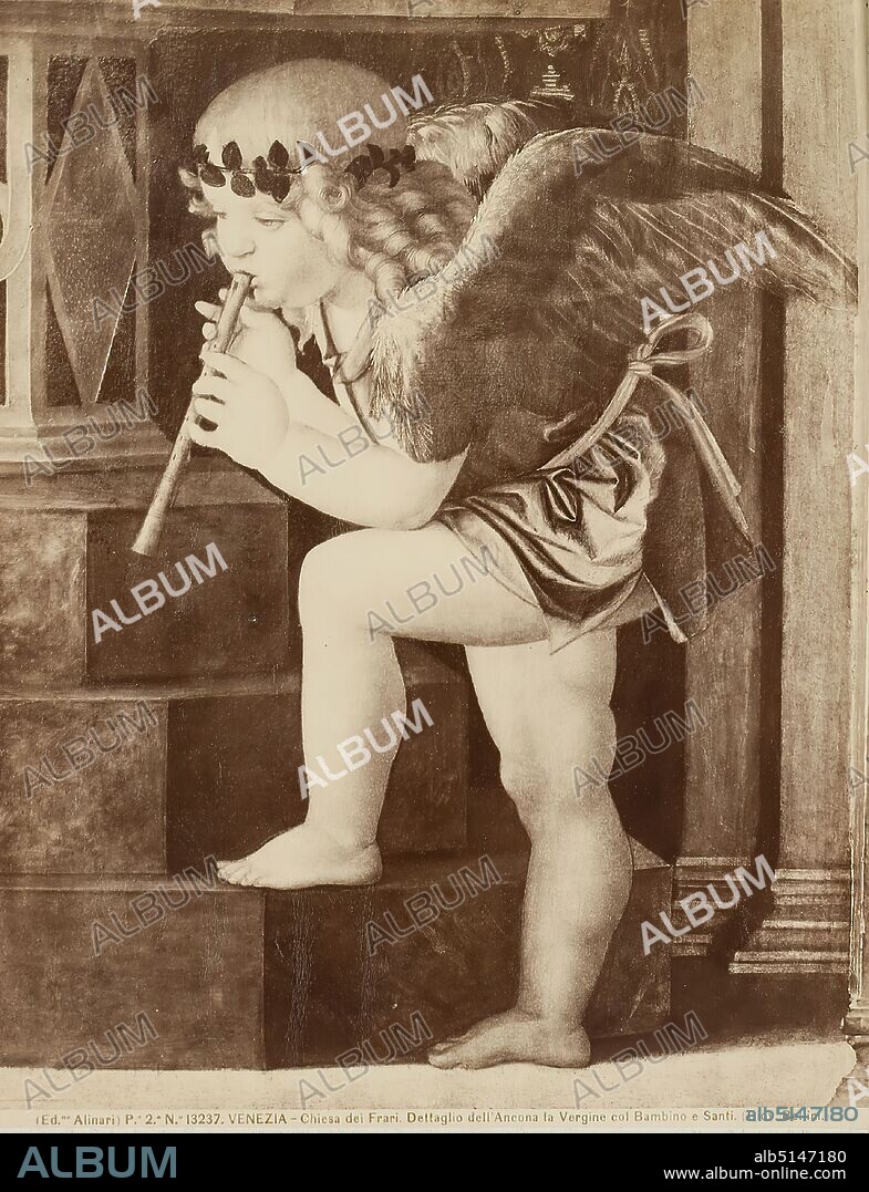 flute-playing angel, detail from the altarpiece Throne Madonna with Child and Saints (Frari triptych) by Giovanni Bellini, Santa Maria Gloriosa dei Frari, Venice, albumin paper, black and white positive process, image size: height: 24.50 cm; width: 18.90 cm, 7. VENEZIA - Chiesa dei Frari. Dettaglio dell' Ancona la Vergine col Bambino e Santi. (Giov. Bellini.), angel (Christian religion), flute, painting.