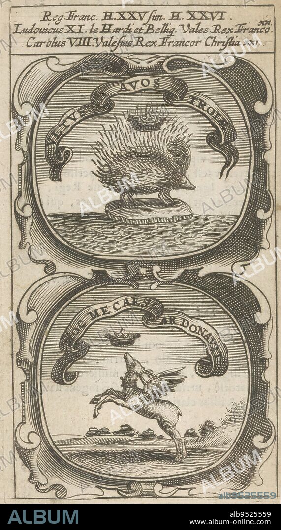 Crowned porcupine / Winged stag with collar, Ultus Avos Troiae / Hoc Me Caesar Donavit (title on object), Symbola Divina et Humana Pontificum Imperatorum Regum (series title), An emblem with two representations. Above a crowned porcupine on a floe in the water. Below a winged deer with a collar, leaping towards a crown. These are mottos of Louis XI and Charles VIII of France., print maker: anonymous, after print by: Aegidius Sadeler (II), 1666, paper, engraving, letterpress printing, height 122 mm × width 67 mm.