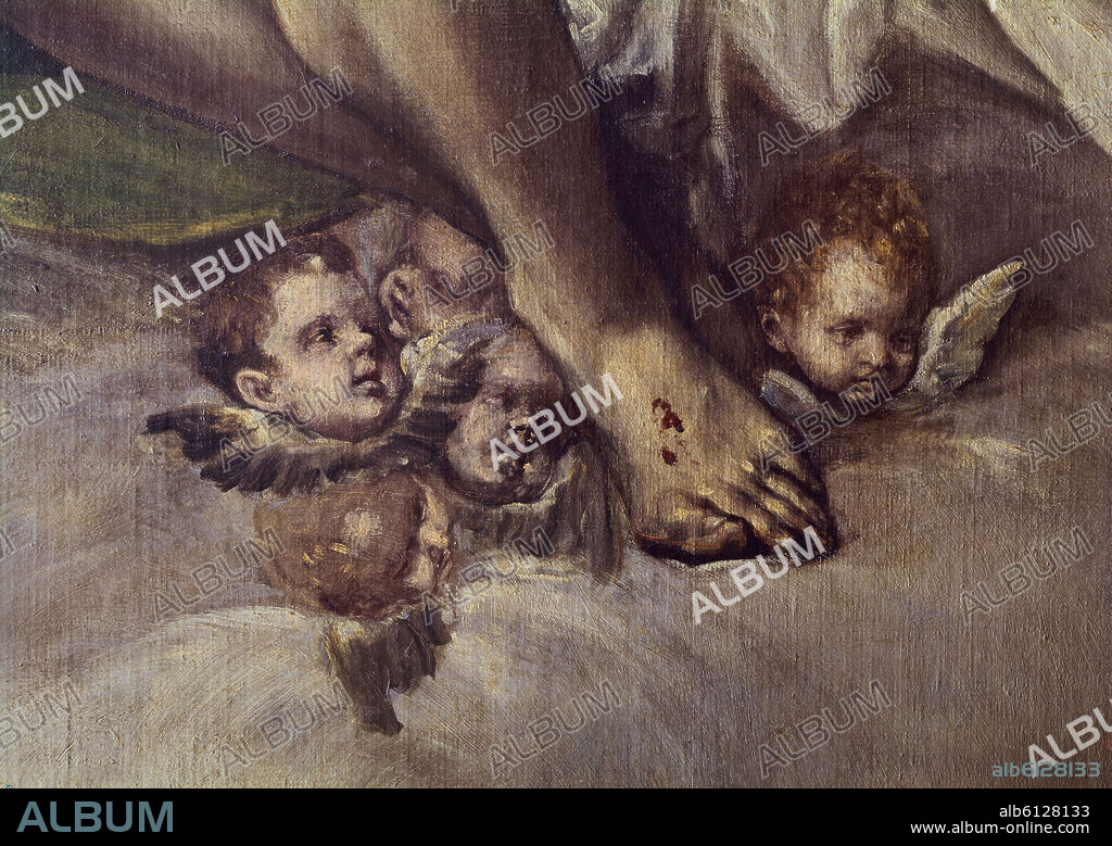 EL GRECO. LA TRINIDAD - 1577 - DETALLE DE LOS QUERUBINES JUNTO A LOS PIES DE CRISTO - ANTES DE LA RESTAURACION - MANIERISMO ESPAÑOL - O/L - NP 824 - Conj 1590.