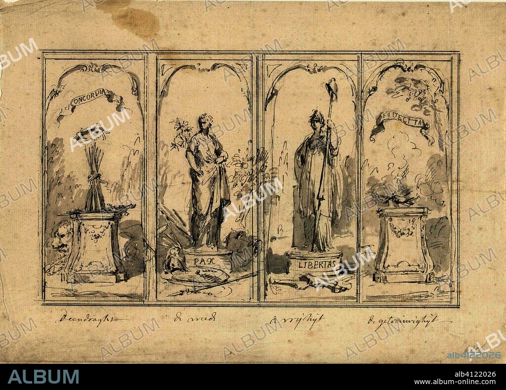 Concordia, Pax, Libertas and Fidelitas. Draughtsman: Jacob de Wit (possibly). Dating: c. 1705 - c. 1754. Measurements: h 264 mm × w 370 mm.
