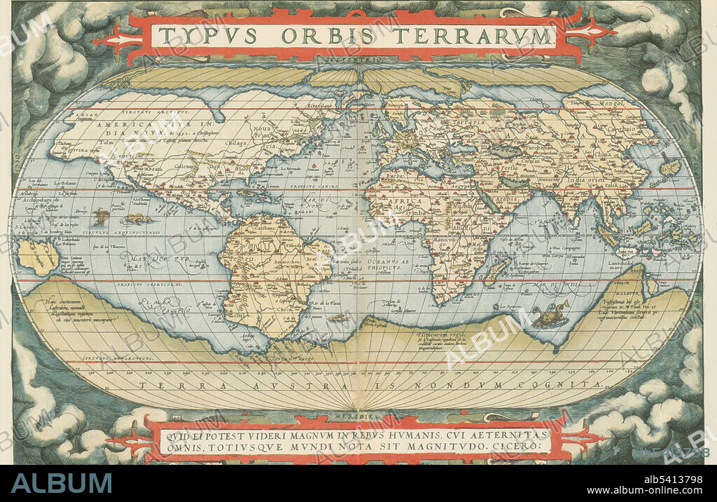 Orbis Terrarum. Die erde. The World. Theatrum Orbis Terrarum (Theatre of the World) is considered to be the first true modern atlas. Written by Abraham Ortelius and originally printed on May 20, 1570, in Antwerp, it consisted of a collection of uniform map sheets and sustaining text bound to form a book for which copper printing plates were specifically engraved. The Ortelius atlas is sometimes referred to as the summary of 16th cartography and the first time that the entirety of Western European knowledge of the world was brought together in one book. Most of the maps were admittedly reproductions, and many discrepancies of delineation or nomenclature occur. From its original 70 maps and 87 bibliographic references in the first edition (1570), the atlas grew through its 31 editions to encompass 183 references and 167 maps in 1612.