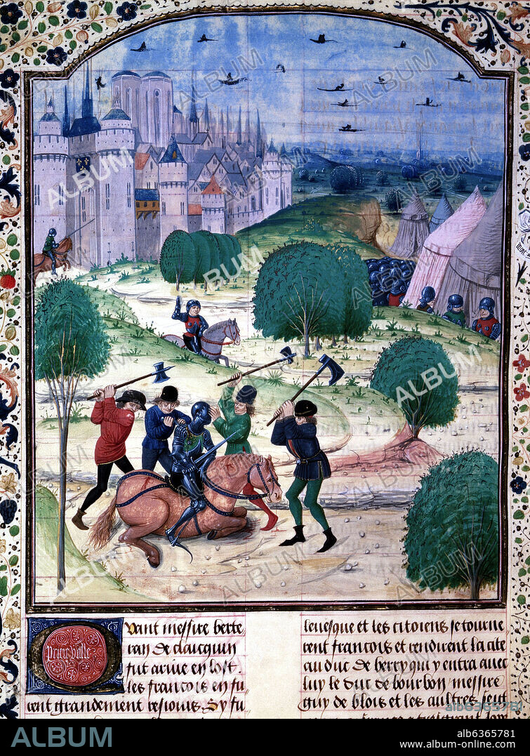 JEAN DE FROISSART (1333-1410). THE JACQUERIE - EL LEVANTAMIENTO DE CAMPESINOS EN 1358 - CRONICAS DE FROISSART - MANUSCRITO DEL SIGLO XV.