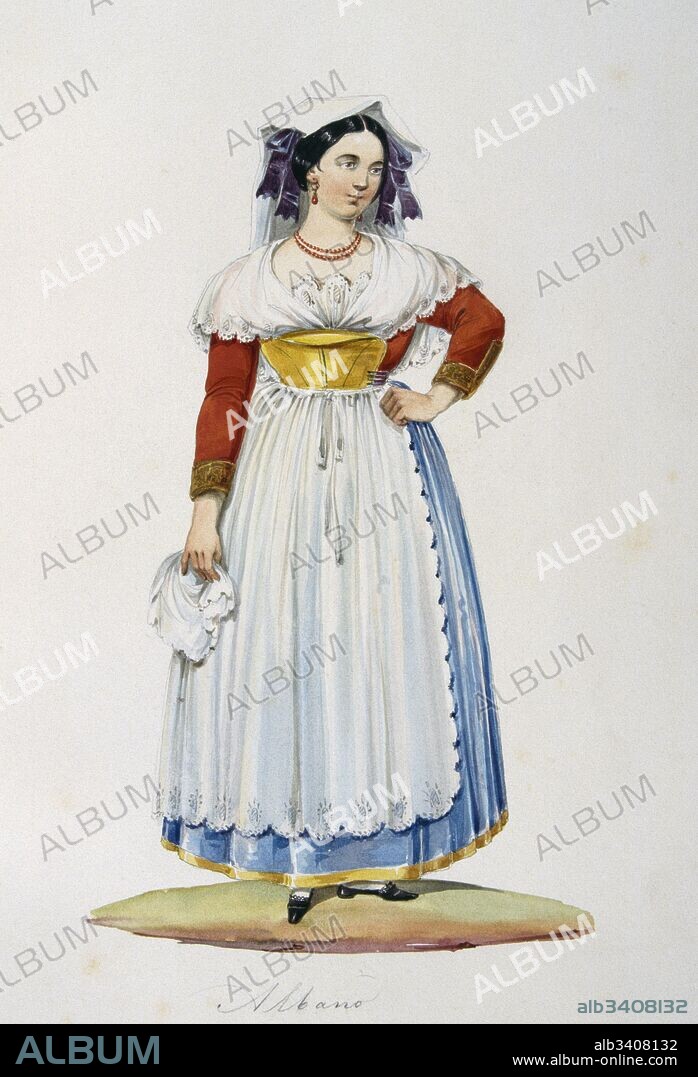 painting in Gouache depicting an Italian peasant in traditional costume. Circa 1850.