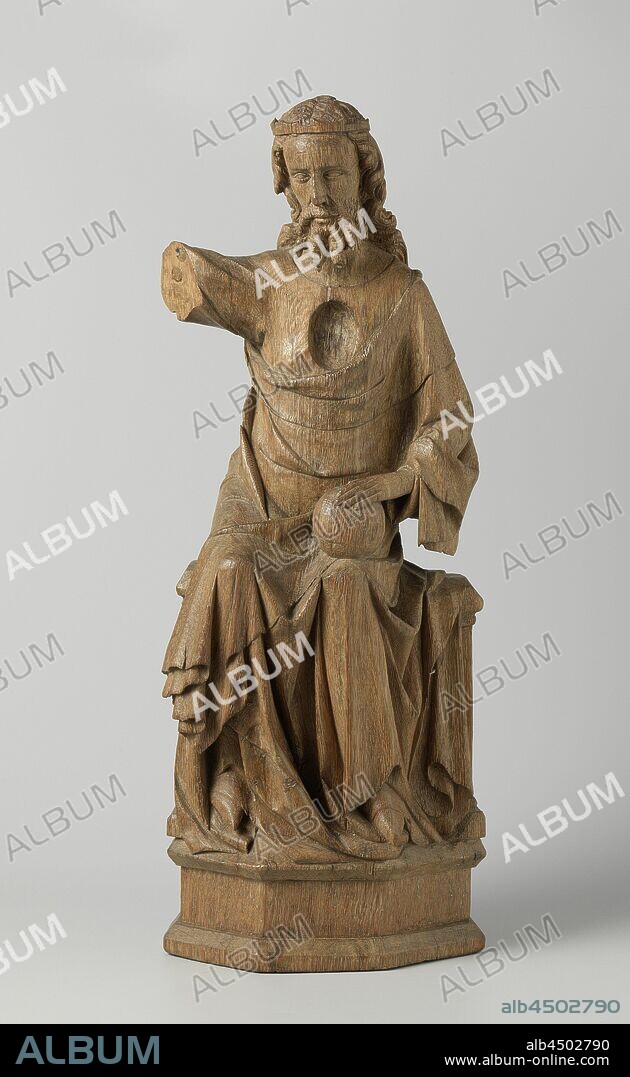 God the Father God the Father, part of a Coronation of Mary, God the Father sitting on a couch. His right arm is raised, his left arm is on the globe, which rests on his left knee. The statue is part of a Coronation of Mary, coronation or Mary by Christ (variant), Meester van de Madonna van La Gleize (possibly), Liège (city), c. 1330 - c. 1360, oak (wood), h 57.5 cm × w 21.5 cm × d 11.0 cm.
