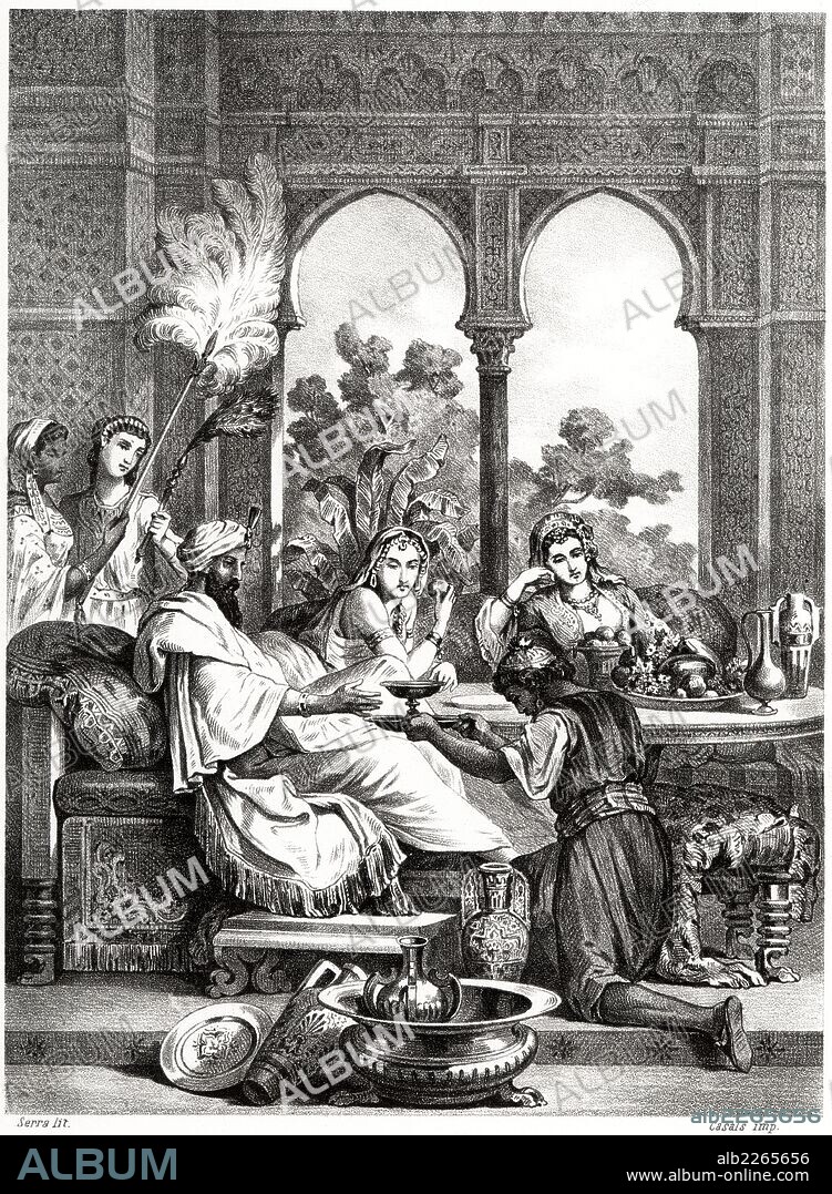 Historia de España. El emir árabe Alhakén I (770-822) en el Serrallo de Córdoba. Grabado de 1872.