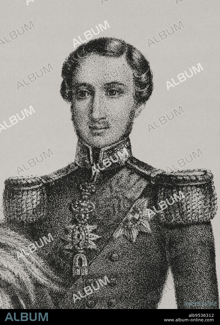 Alberto de Sajonia-Coburgo-Gotha (1819-1861). Esposo y príncipe consorte de la reina Victoria I de Inglaterra. Retrato. Litografía. Detalle. "Reyes Contemporáneos". Tomo I. Publicado en Madrid, 1855.