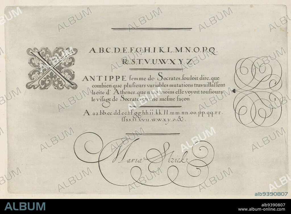 Writing sample with capital XSchat oft voorbeelt ende verthooninge van verscheyden geschriften (...) (series title), Writing sample with capital X and four lines of text in French, between two alphabets: Xantippe femme de Socrates (...). Calligraphic scrollwork on the right. The print is part of an album., print maker: Hans Strick, designer: Maria Strick (mentioned on object), Rotterdam, 1618, paper, engraving, height 199 mm × width 295 mm.