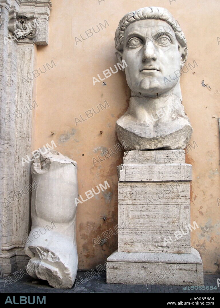 The Colossus of Constantine, an acrolithic statue that once occupied the Basilica of Maxentius in Rome. Portions of this colossal statue (A head, arm, knee and hand.) of Emperor Constantine now reside in the Palazzo dei Conservatori. Carved from white marble. Circa 312-315 AD.