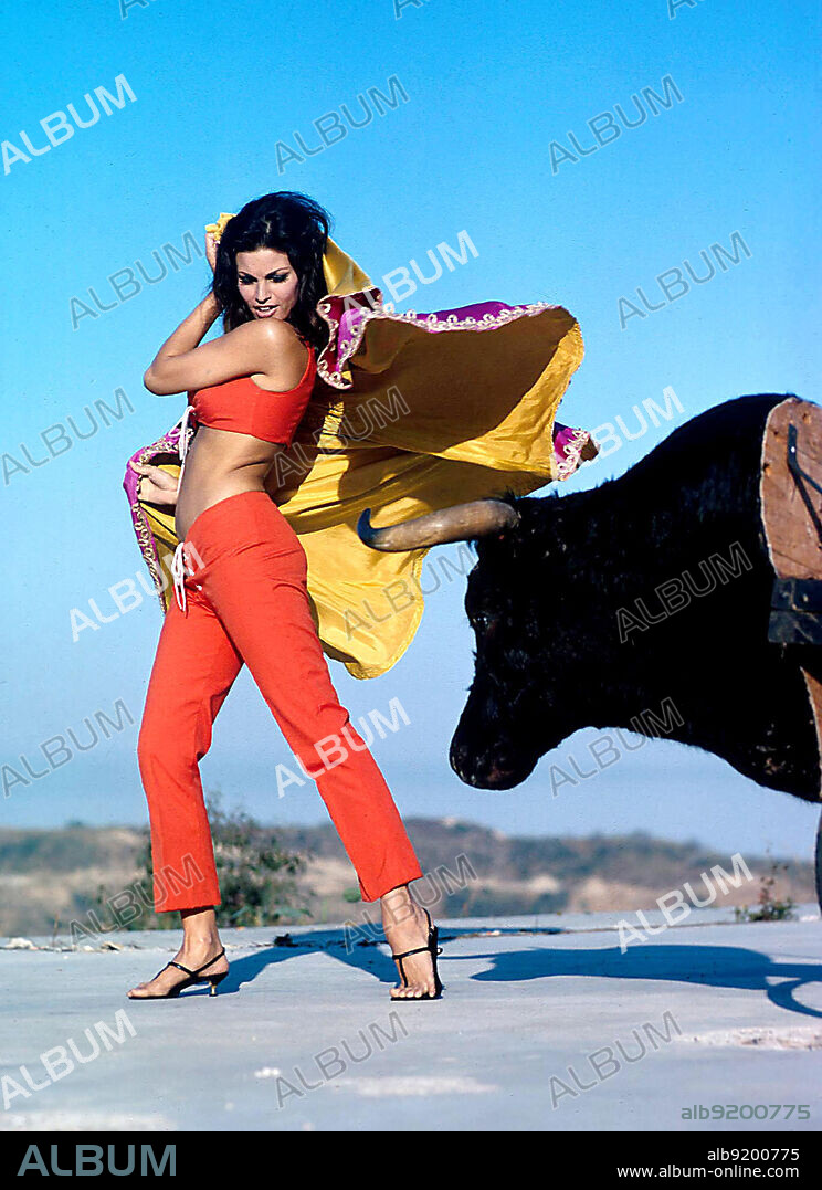 1965, Malaga, Spain: Actress RAQUEL WELCH as a 'matador' bullfighting with a 'dummy' bull. The American actress (Jo Raquel Tejada) is in Spain to shoot the film 'Fathom.' (Credit Image: © Don Ornitz/ZUMA Wire).