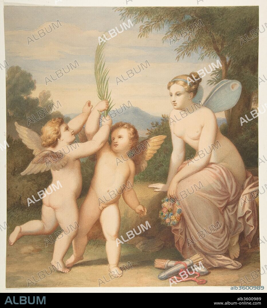 Eros and Anteros with Psyche Looking at Them. Artist: Johannes Riepenhausen (German, Goettingen 1788-1860 Venice). Dimensions: sheet: 13 1/4 x 12 1/16 in. (33.6 x 30.6 cm). Date: 1810-60.