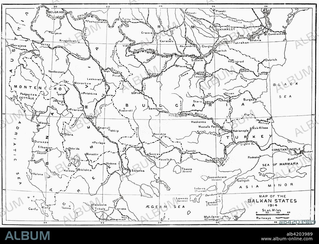 Map of the Balkan States in 1914.  From Hutchinson's History of the Nations, published 1915.