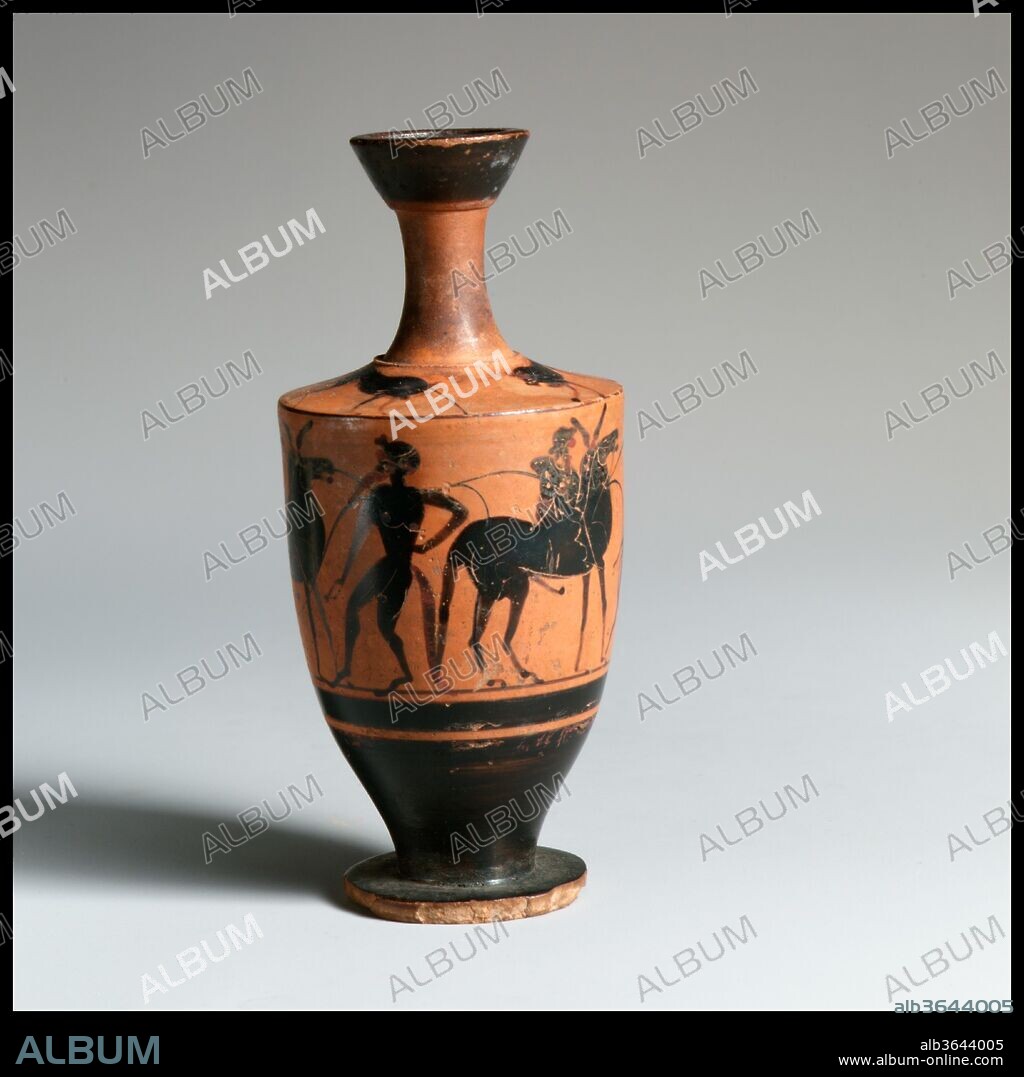 Lekythos. Culture: Greek, Attic. Dimensions: 4 7/8 × 2 3/16 in. (12.3 × 5.5 cm)
Diam. of rim: 1 1/8 in. (2.9 cm)
Diam. of foot: 1 9/16 in. (3.9 cm). Date: 6th century B.C..