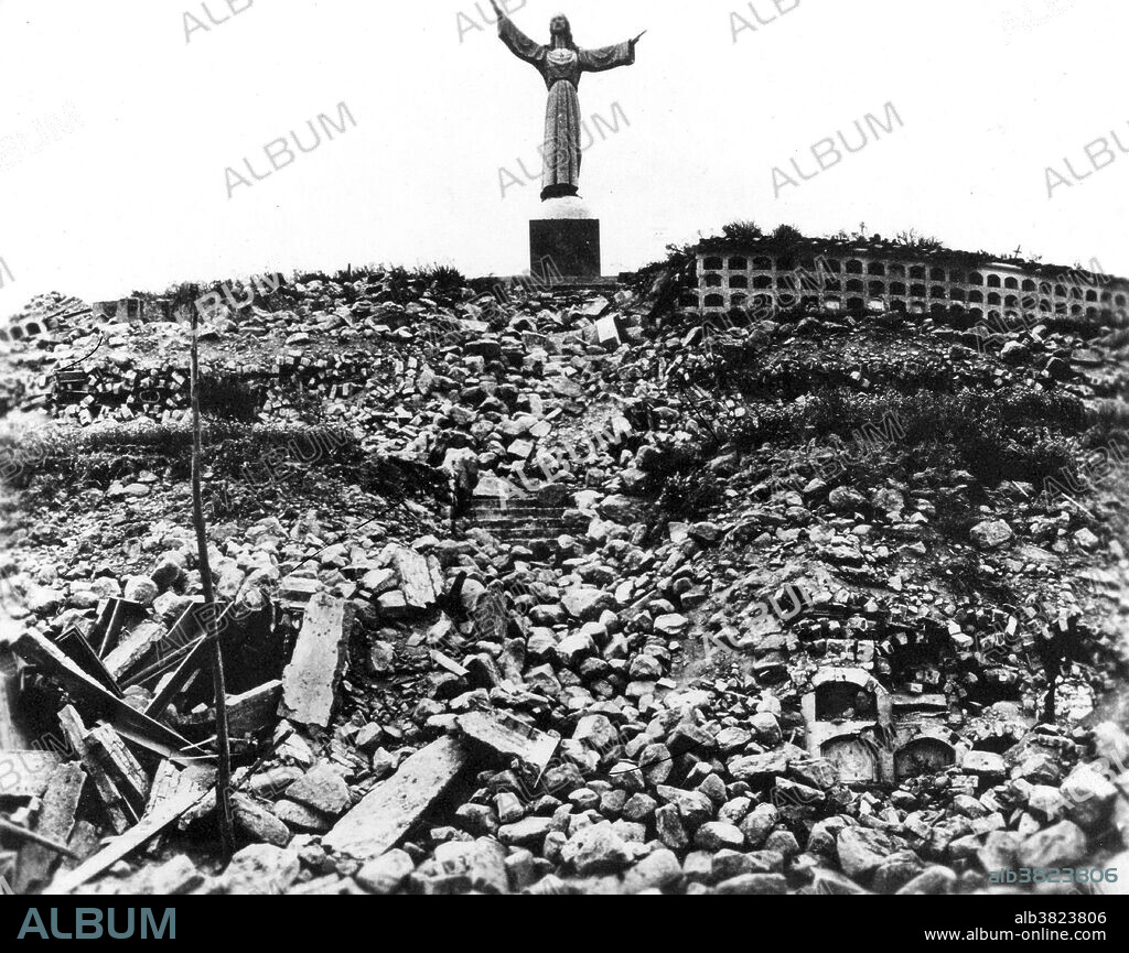Statue of Christ at Cemetery Hill overlooking Yungay, which together with 4 palm trees, is all that remained of the city. The 1970 Ancash earthquake or Great Peruvian Earthquake was an undersea earthquake. Combined with a resultant landslide, it was the worst catastrophic natural disaster ever recorded in the history of Peru. The earthquake affected the Peruvian regions of Ancash and La Libertad. The epicenter of the earthquake was located 35 km off the coast of Casma and Chimbote on the Pacific Ocean, where the Nazca Plate is being subducted by the South American Plate. It had a magnitude of 7.9 to 8.0 on the Richter scale and an intensity of up to VIII on the Mercalli scale. No significant tsunami was reported. The earthquake struck on a Sunday afternoon at 15:23:31 local time (20:23:31 UTC) and lasted 45 seconds. The quake destabilized the northern wall of Mount HuascarÃ¡n, causing a rock, ice and snow avalanche and burying the towns of Yungay and Ranrahirca. Five days after the earthquake, Peruvian officials feared a death toll as high as 30,000. Several days later that figure was tentatively raised to 50,000. An Associated Press dispatch on July 14 said Peru's Minister of Health now estimated the number of dead and missing persons to be 70,000. It may be impossible ever to assess fully the toll of this seismic disaster.