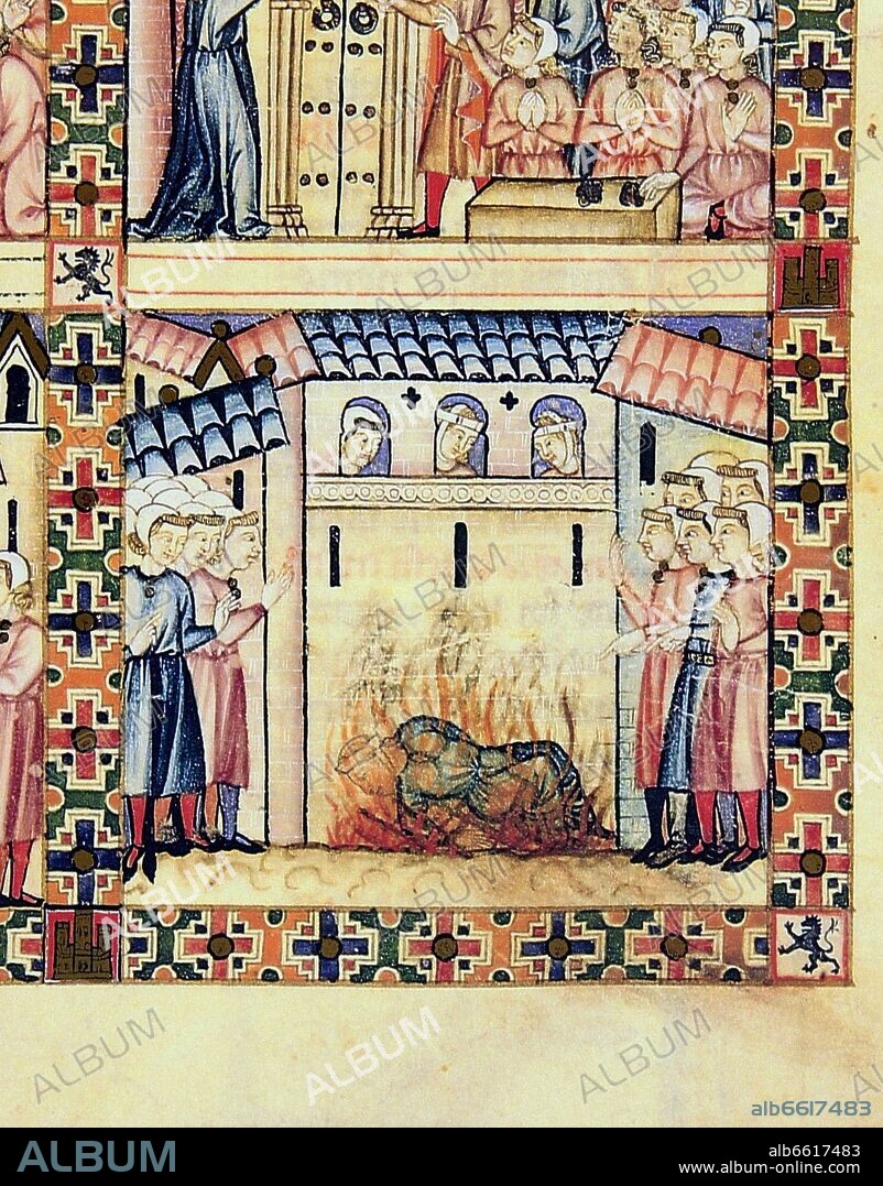 ALFONSO X DE CASTILLA EL SABIO. MS.B.R.20- CANTIGA STA MARIA-Nº294-F20-F-JUGADORA QUEMADA POR BLASFEMA EN APULIA-S XIII.