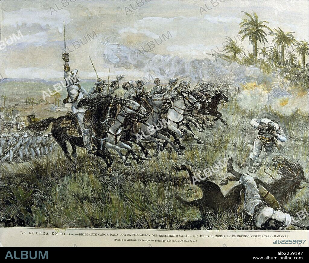 ALFONSO XIII REY DE ESPAÑA 1886-1941  GUERRA DE CUBA ,  1895 - 1898. " CARGA DEL ESCUADRON DEL REGIMIENTO DE CABALLERIA DE LA PRINCESA EN EL INGENIO  " ESPERANZA  ". GRABADO DE LA ILUSTRACION ESPAÑOLA Y AMERICANA , AÑO 1898.
