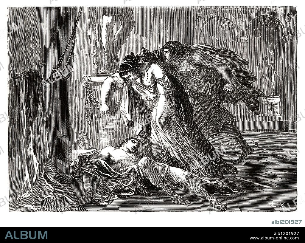 Orestes. Héroe de la mitología griega. Vengó la muerte de su padre, Agamenón, asesinado al traidor Egisto y su madre Clitemnestra. Grabado de 1866.