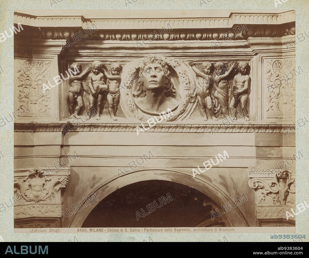 Male bust with putti in the Santa Maria presso di San Satiro at Milan, MILANO - Chiesa di S. Satiro - Particolare della Sagrestia ; architettura di Bramante. (title on object), Edizione Brogi (mentioned on object), Milaan, c. 1875 - c. 1900, cardboard, albumen print, height 199 mm × width 251 mm.