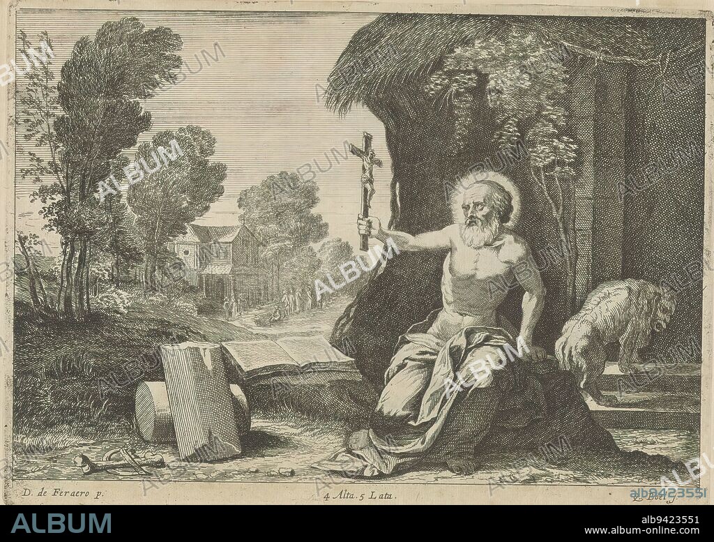 Saint Jerome, Saint Jerome sits on a stone and holds up a crucifix. In front of him a broken column and a bone. Behind him the lion enters the building. In the background people in front of a church. This print is part of an album., print maker: Quirin Boel, (mentioned on object), after painting by: Dosso Dossi, (mentioned on object), publisher: David Teniers (II), print maker: Southern Netherlands, after painting by: Italy, publisher: Brussels, 1660, paper, etching, height 167 mm × width 231 mm.