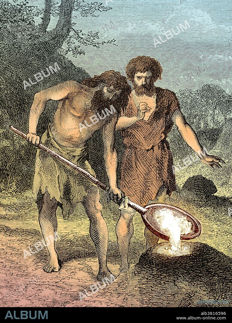 Captioned: "Workshop of caster during Bronze Age. The alloy, having been previously mixed, has been smelted in a furnace, an a workman is pouring it into a sand-mold." Humans learned to smelt metals in prehistoric times, more than 8000 years ago. The discovery and use of metals, copper and bronze at first, then iron a few millennia later, had an enormous impact on human society. The impact was so pervasive that scholars traditionally divide ancient history into Stone Age, Bronze Age, and Iron Age. An ancient civilization is defined to be in the Bronze Age either by smelting its own copper and alloying with tin, arsenic, or other metals, or by trading for bronze from production areas elsewhere. "Primitive Man" by Louis Figuier, 1871. This image has been color-enhanced.