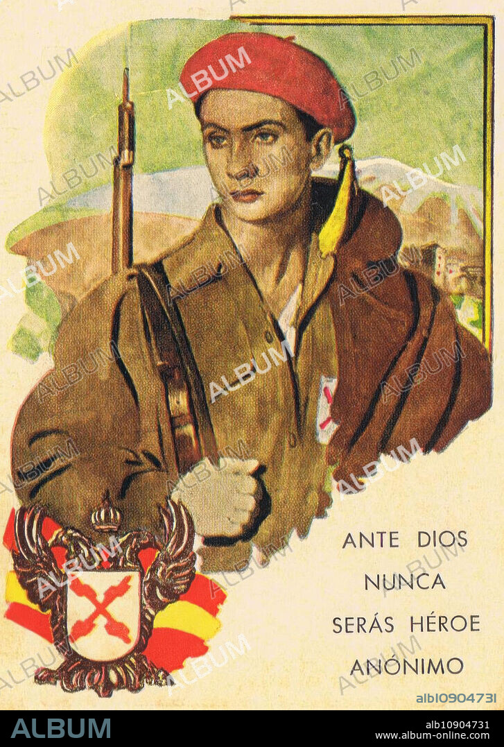 Cartel de la guerra Civil Española "Ante Dios nunca serás un heroe anónimo", 1956.