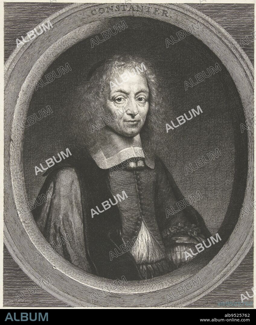 Bust of Constantine Huygens lord of Zuylichem, secretary to Frederick Henry, William II and William III, and poet, in oval., Portrait of Constantine Huygens, print maker: Abraham Bloteling, (mentioned on object), after: Caspar Netscher, (mentioned on object), Amsterdam, 1672 - 1690, paper, engraving, h 225 mm × w 205 mm.