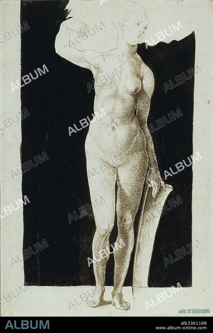 ALBRECHT DüRER. Proportion study of female nude with a shield.